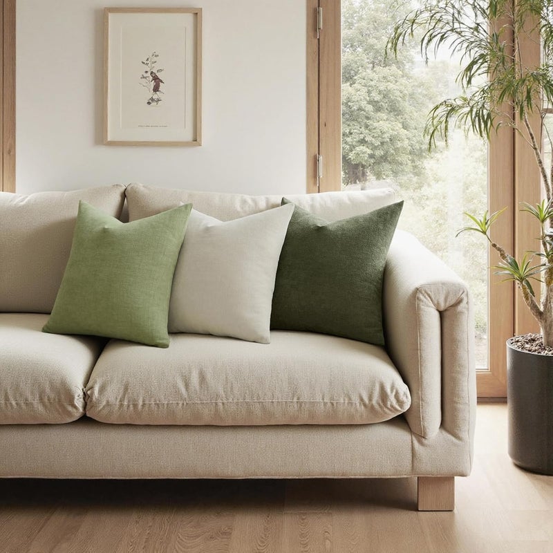 MIULEE أغطية وسائد باللون الأخضر الزيتوني 20x20 بوصة، مجموعة من 2 أغطية وسائد زخرفية ناعمة من الشنيلا مربعة الشكل للكنبة وغرفة المعيشة والسرير - Image 2